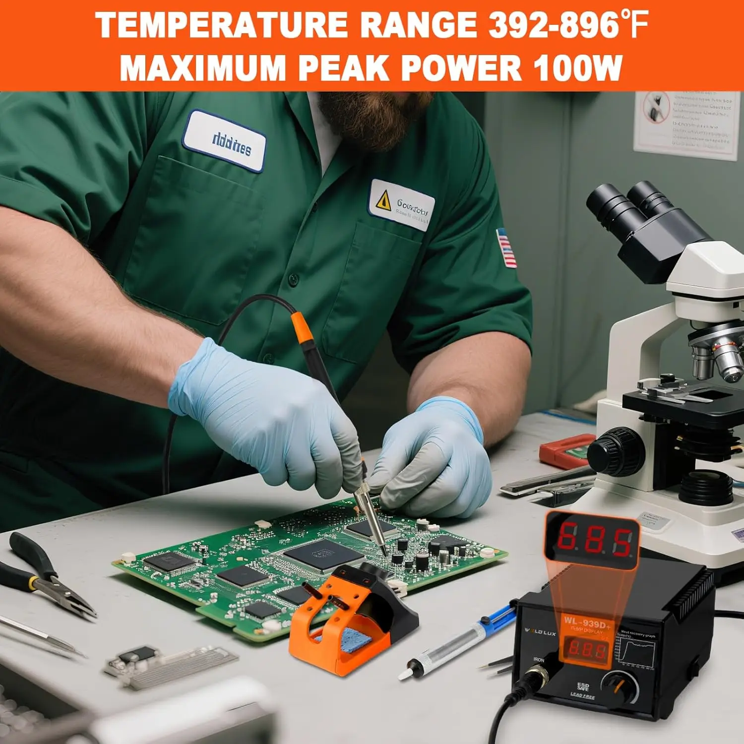 939D+ Digital Soldering Station, 100W PID Temp Control, Fast Heating, ESD Safe, Lead Free, Orange