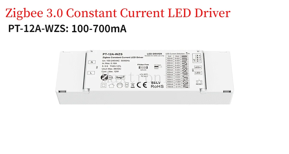 DC10-42V Zigbee 3.0 Constant Current LED Driver 12W 100-700mA/ 2x(150~450)mA for Downlight Spotlight And Decorative Applications