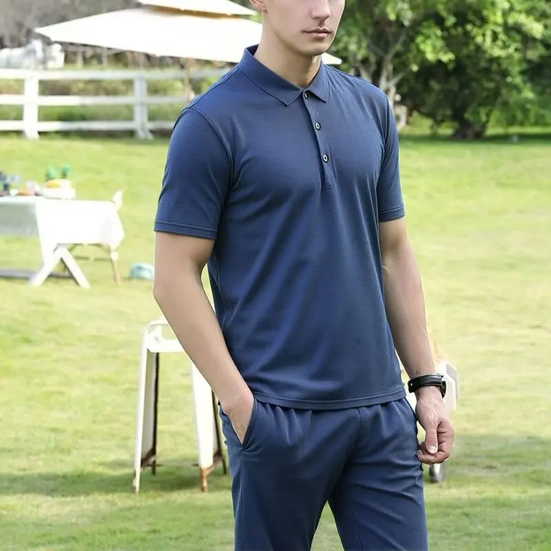 Summer New Fashionable Solid Color Short sleeved T-shirt Pants Set for Men's Casual Loose Sports Breathable Large Two piece Set