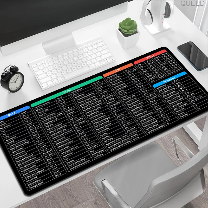 Office Excel Shortcuts Pattern Large Mouse Pad Non-slip Deskmat Computer Keyboard Pads Starters Gift for Office Workers Students