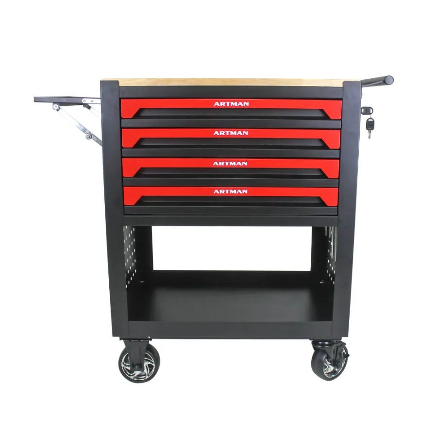 4 DRAWERS MULTIFUNCTIONAL TOOL CART WITH WHEELS AND WOODEN TOP