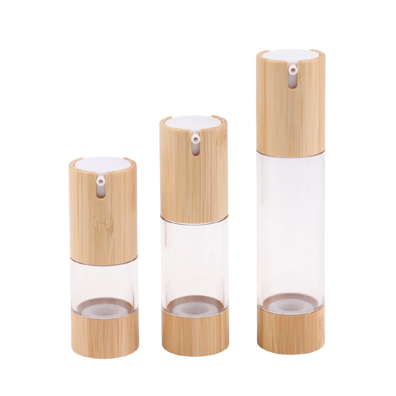 Garrafa vazia de bambu com bomba de vácuo sem ar, 15ml, 30ml, 50ml, para maquiagem, creme, soro, loção, cuidados com a pele, recipiente cosmético