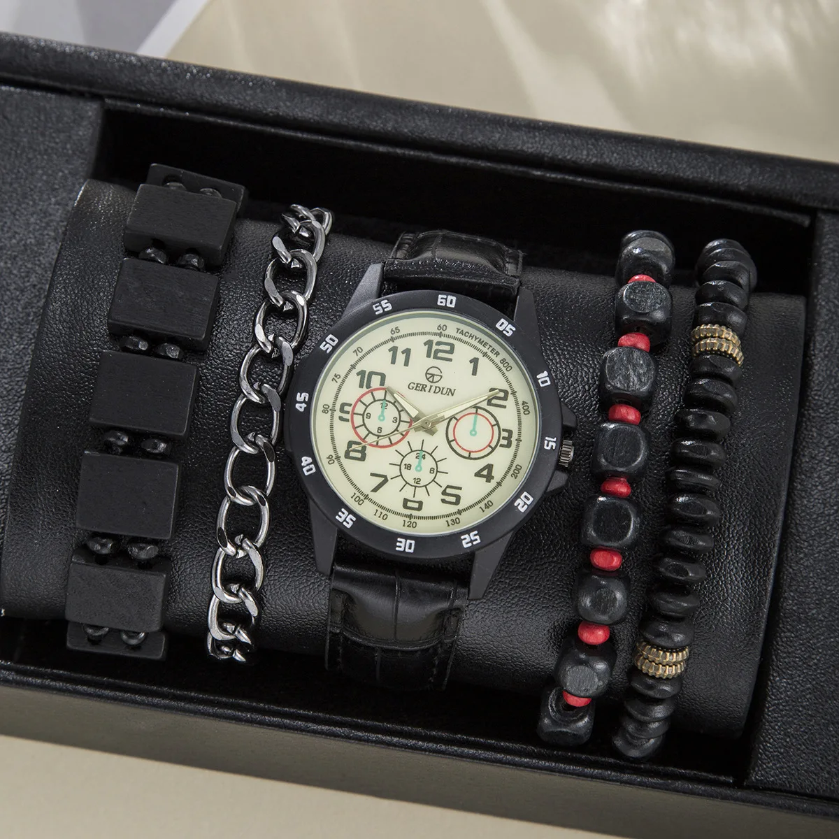 

2024 New Business PU Strap Men's Watch Quartz Watch, Travel And Leisure Bead Preparation Bracelet Set