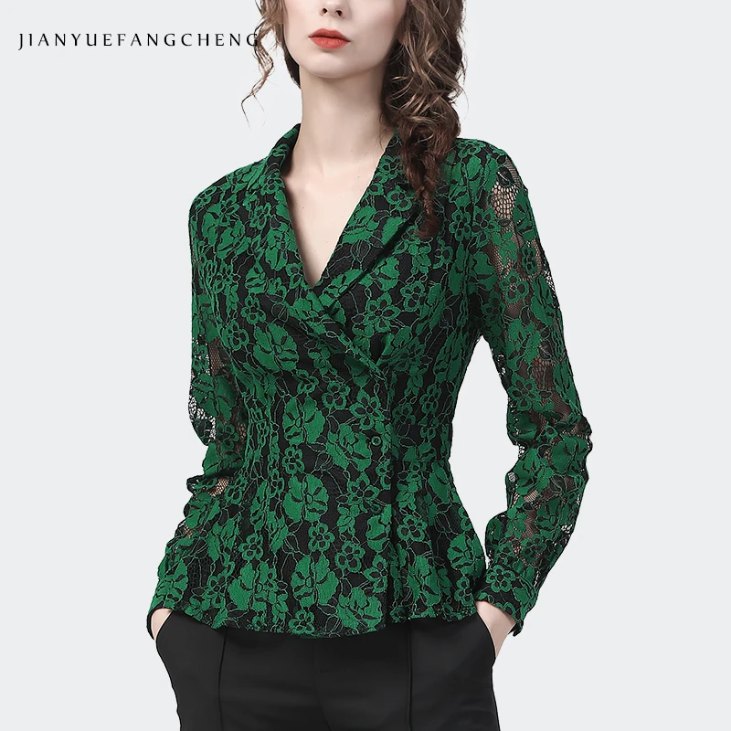 Fashion Womens Long Sleeve Suit Collar Green Lace Shirt Vintage Chic Side Placket Cinched Waist Ladies Top Casual Office Blouse