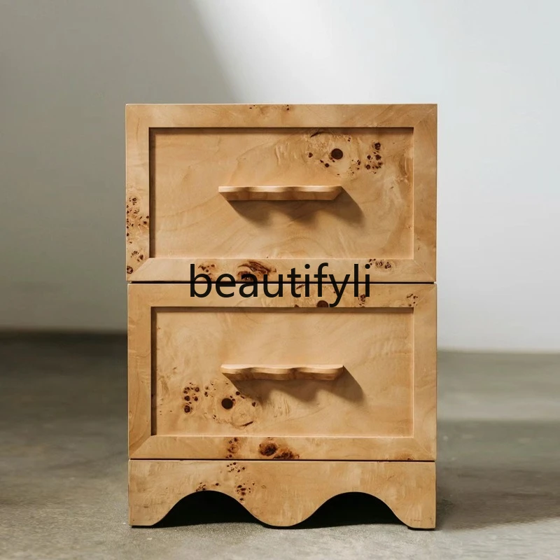 American Style Solid Wood Burl Wood Bedside Table Side Cabinet Chest of Drawers Soft Furnishing Designer Hotel Vintage Furniture