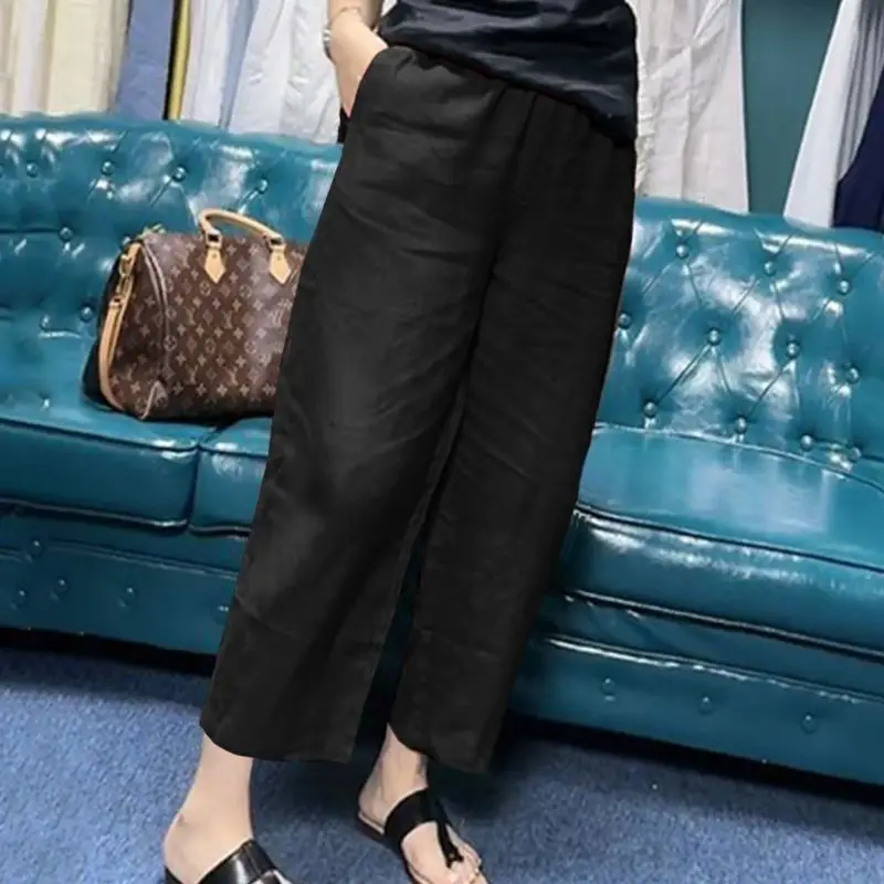 Summer High Waist Loose Fit Straight Leg Pants Women's Ice Silk Cotton Linen Elastic Waist Nine Points Casual Trousers