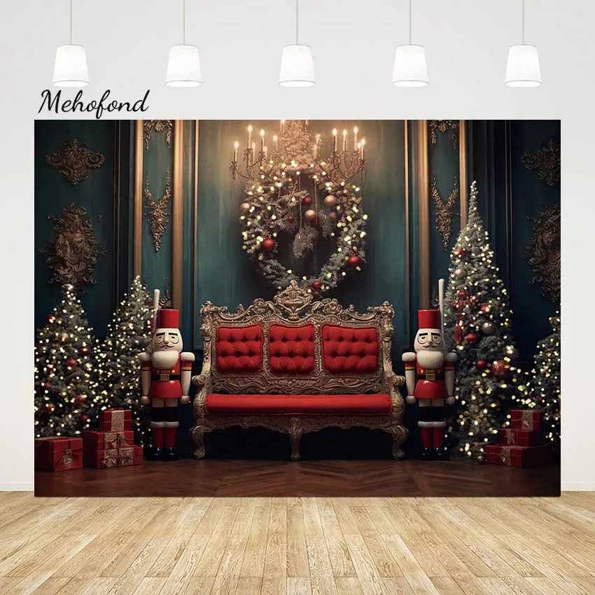 

Mehofond Photography Backdrop Vintage Christmas Wreath Decor Family Holiday Portrait Soldier Bench Xmas Photo Background Studio