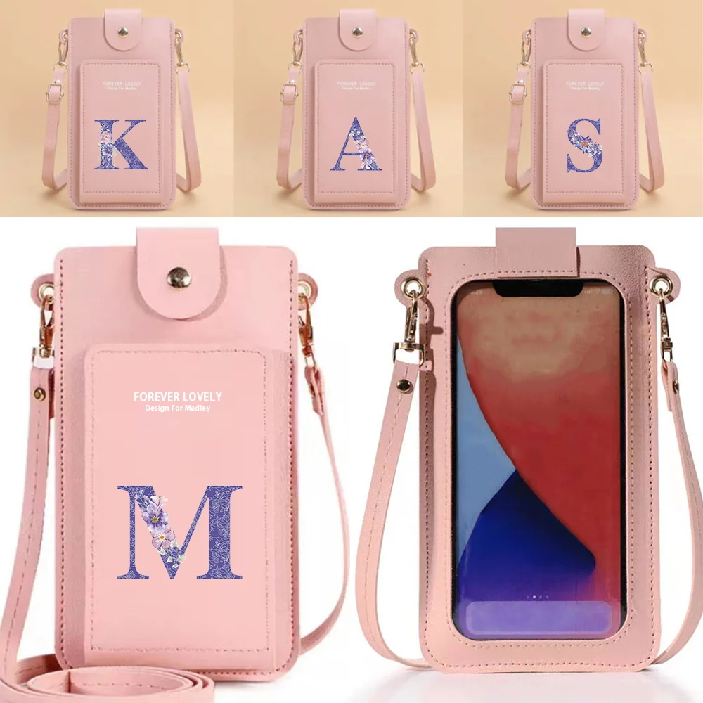 Female Shoulder Straps Handbag Phone Wallet Shoulder Bag Suitable for Samsung/iPhone/Huawei/Xiaomi Purple Flower Letter Pattern