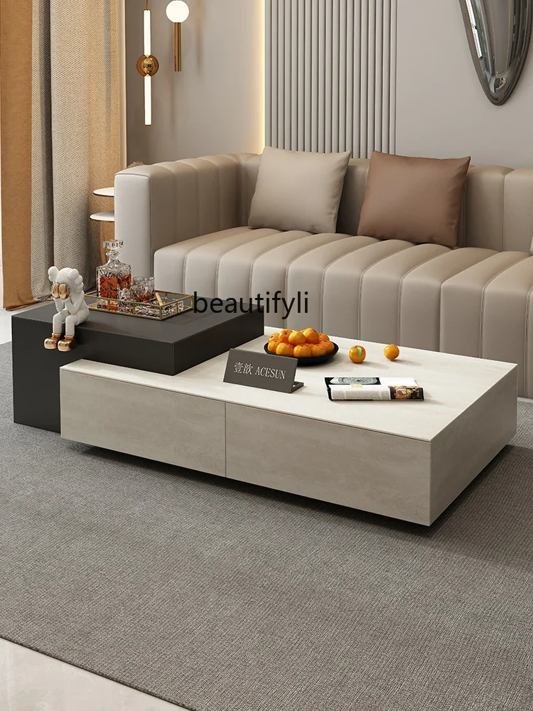 Italian light luxury rock slab coffee table modern simple minimalist  black and white contrasting color creative coffee table