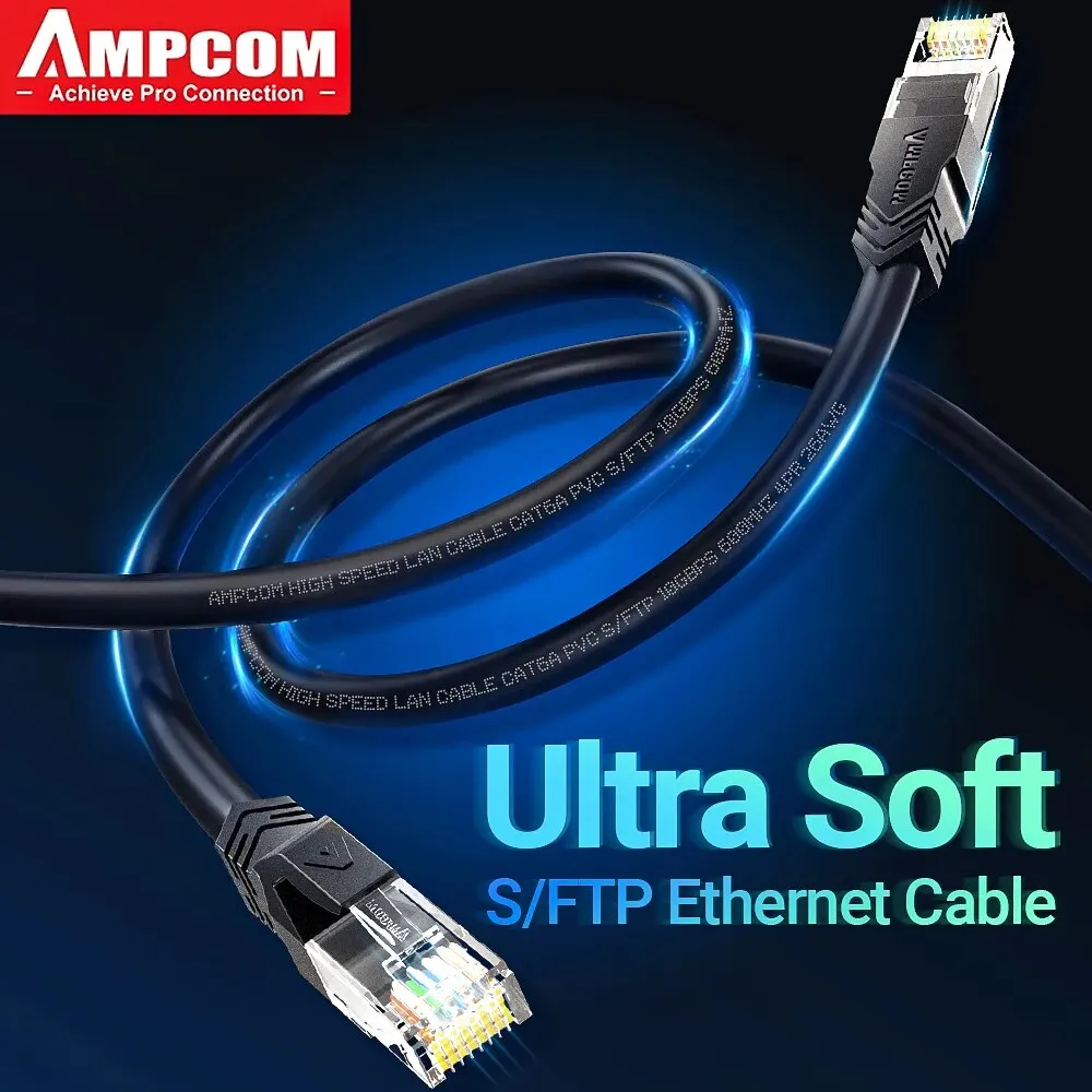 AMPCOM-Cabo Ultra Flexível de Rede, CAT6A, Ultra-Macio, 10Gbps, RJ45, Cat6a, Cabo Ethernet LAN, RJ45, Alta Velocidade para Roteador, Modem, PC