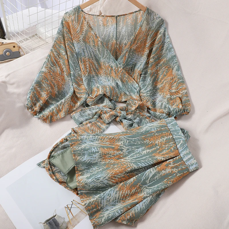 

Women Two Piece Sets Korean Style Loose Printed Sets Boho Chiffon Shirt+high Waist Wide Leg Shorts Fashion New 2-piece Set