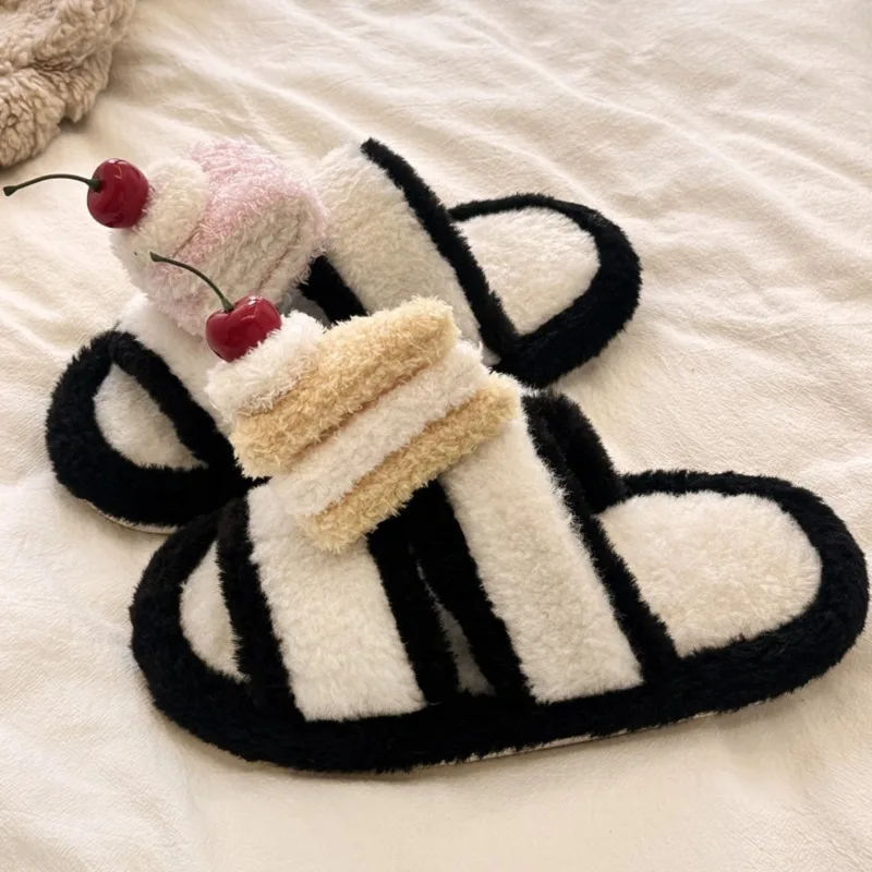 

Cute Cherry Cake Fluffy Slippers for Women 2025 Autumn/Winter New Style, Warm Outerwear, Soft-soled, Versatile Cotton Slippers