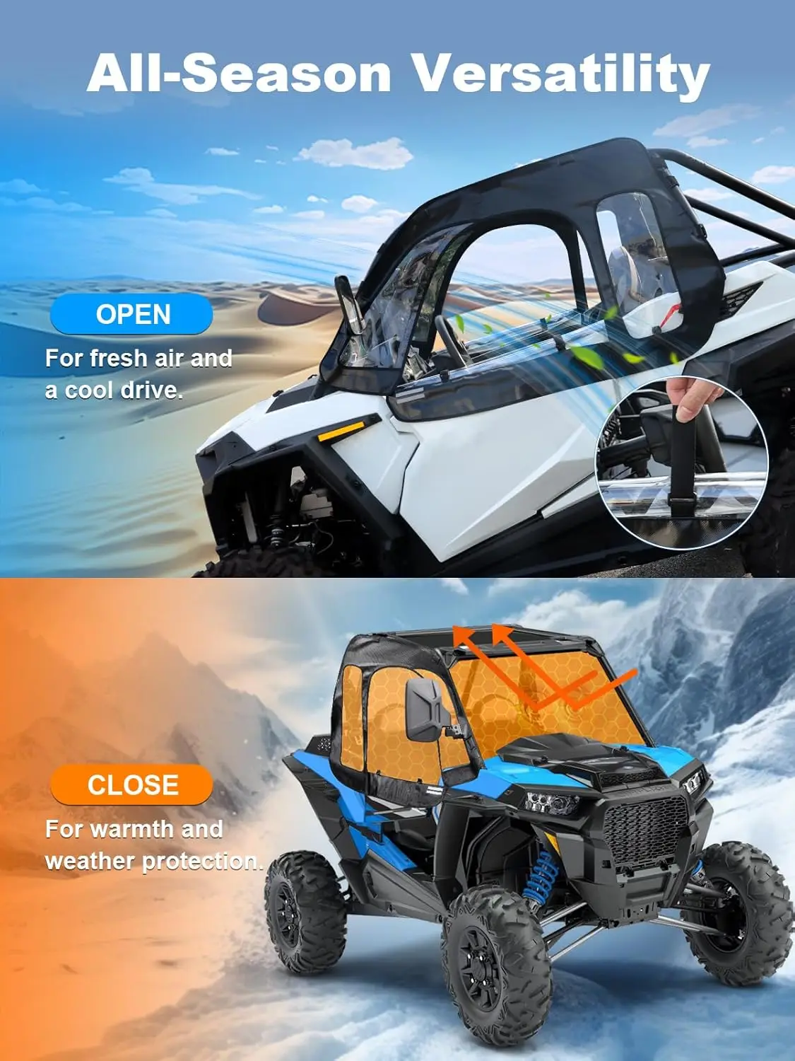 Pintu Atas Lembut untuk Polaris RZR XP 1000 (Model 2 Tempat Duduk) – Penutup Kabin Lembut Ritsleting yang Ditingkatkan dan Kompatibilitas Cermin Samping