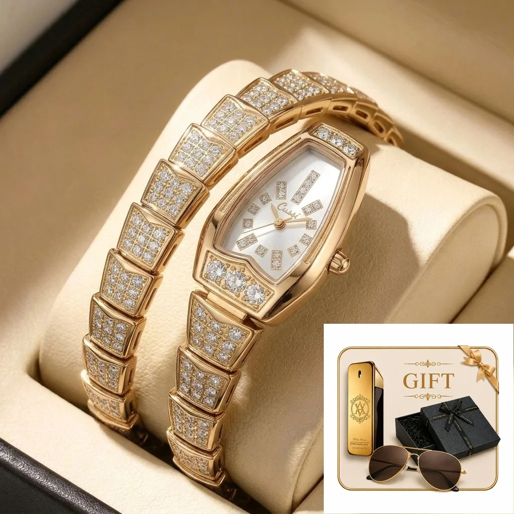 4pc Women's Gold & White Gold-tone Metal Elegant Diamond-encrusted Quartz Watch & Bracelet Gift Set for Parties, Anniversaries