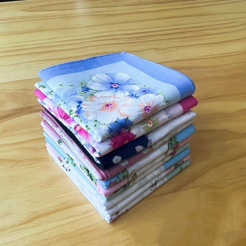 12PCS Flower Print Handkerchief Women Men High Absorbent Sweat Towel Travel Hand Towel Square Pocket Casual Handkerchief