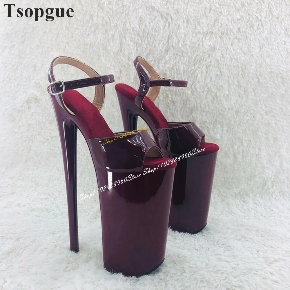 

Burgundy Mirror Patent Leather Platform Sandals Thin High Heel Women Shoes Ankle Buckle Strap Peep Toe 2024 Zapatos Para Mujere