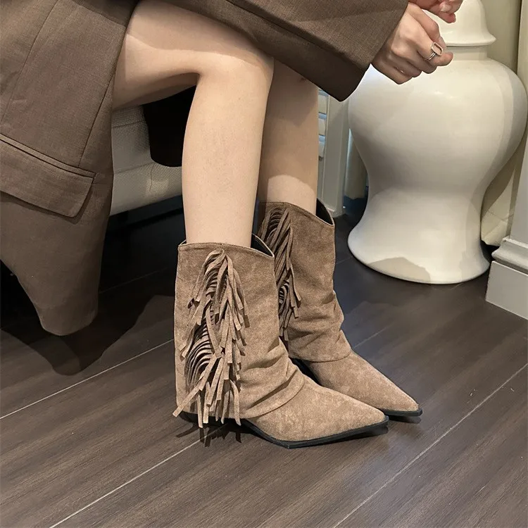Women's Fashion Pointed-toe Chunk-heeled Shoes 2025 Vintage Fringed Suede Western Cowboy Boots Soft-soled Anti-slip Ankle Boots