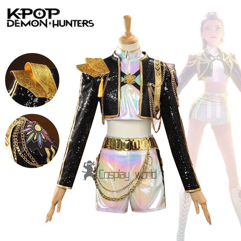 

Костюм Руми для косплея, черное золото, сценический костюм Kpop, униформа охотников на демонов, комплекты для выступлений на Хэллоуин для взрослых и детей