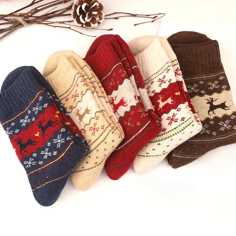 5 Pairs Elk Print Thickened Socks, Comfy & Warm Christmas Mid Tube Socks, Women\'s Stockings & Hosiery