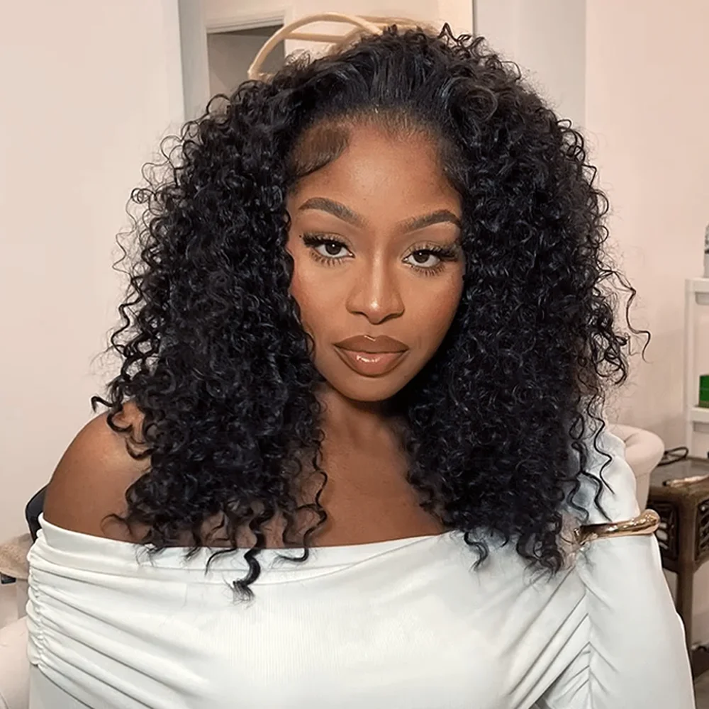 

3 In 1 Human Hair Half Wig Glueless Drawstring Clip In Kinky Curly Headband Wig Natural Color Seamless Natural Looking For Women