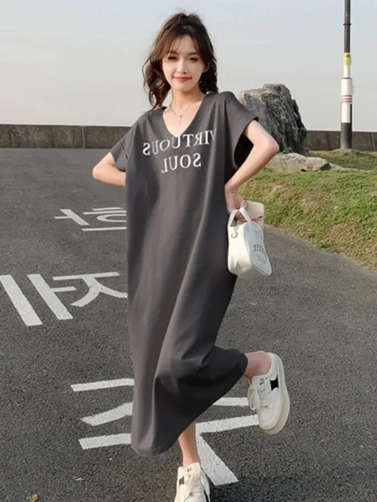 Lazy style loose Korean oversized T-shirt Dress, Summer Short Sleeved Women's V-neck rolled edge sleeve slit long Dress,2024,