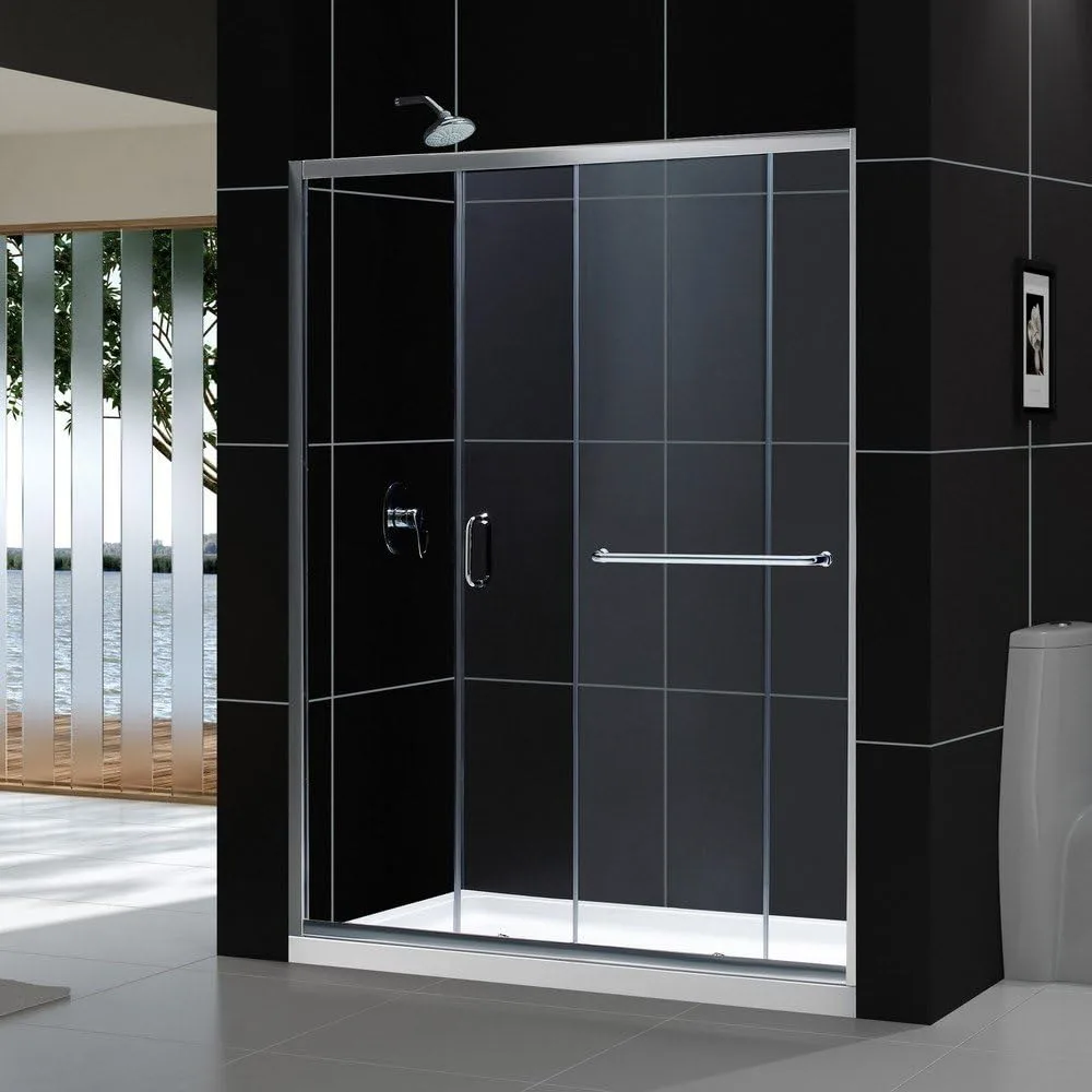 Semi-rimless sliding shower door,  transparent chrome design , reversible left or right door opening with convenient towel strip