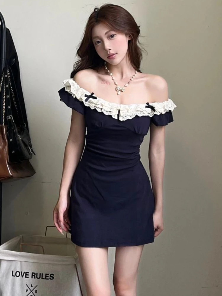 Summer Elegant Solid Sleeveless Strap Dress Women Korean Fashion Bow Lace Short Dress Female Sweet Slim Off Shoulder Clothing