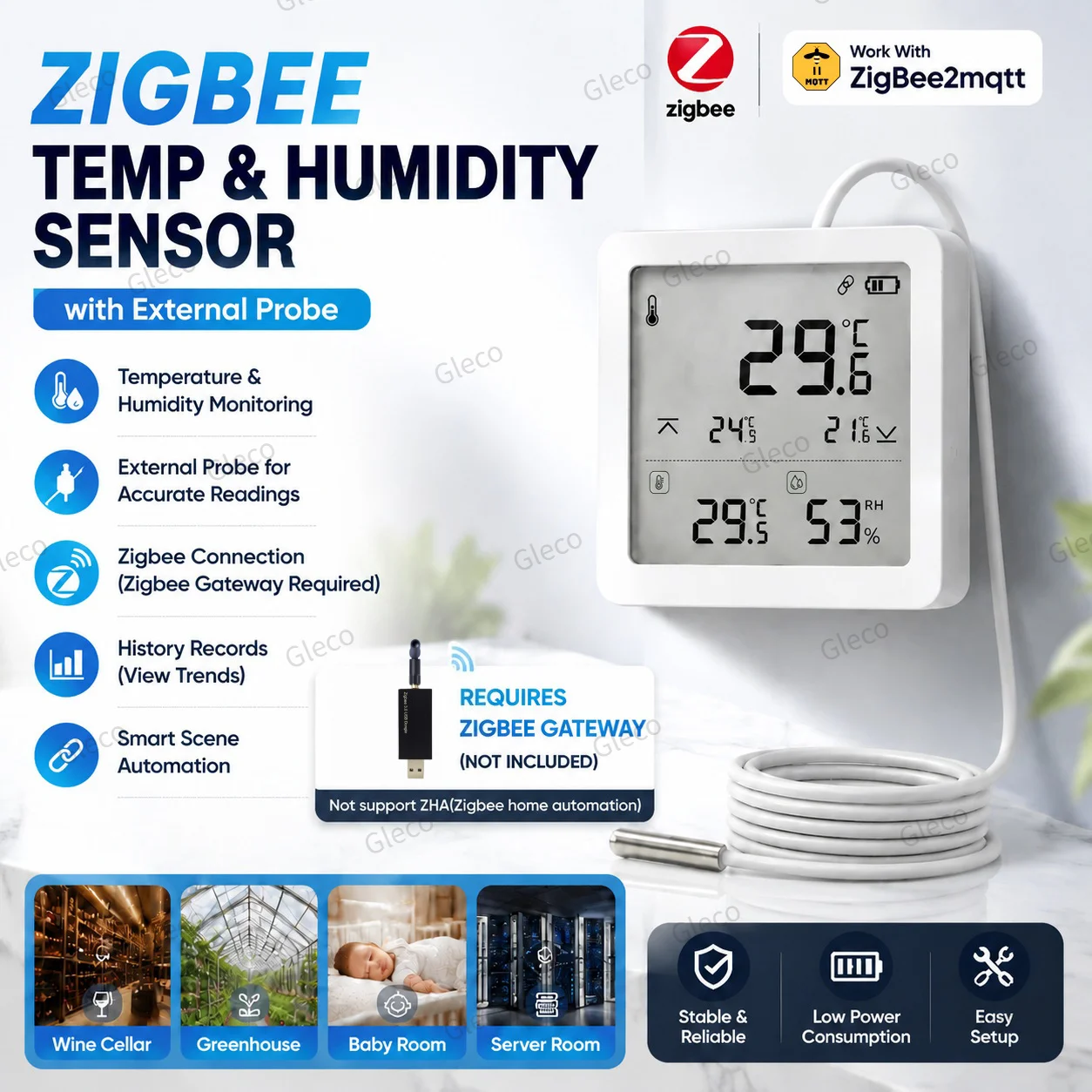 Zigbee Temperature Humidity Sensor With External Probe Meter Option LCD Digital Thermometer For Fish Tank Freezer 2MQTT Tuya APP