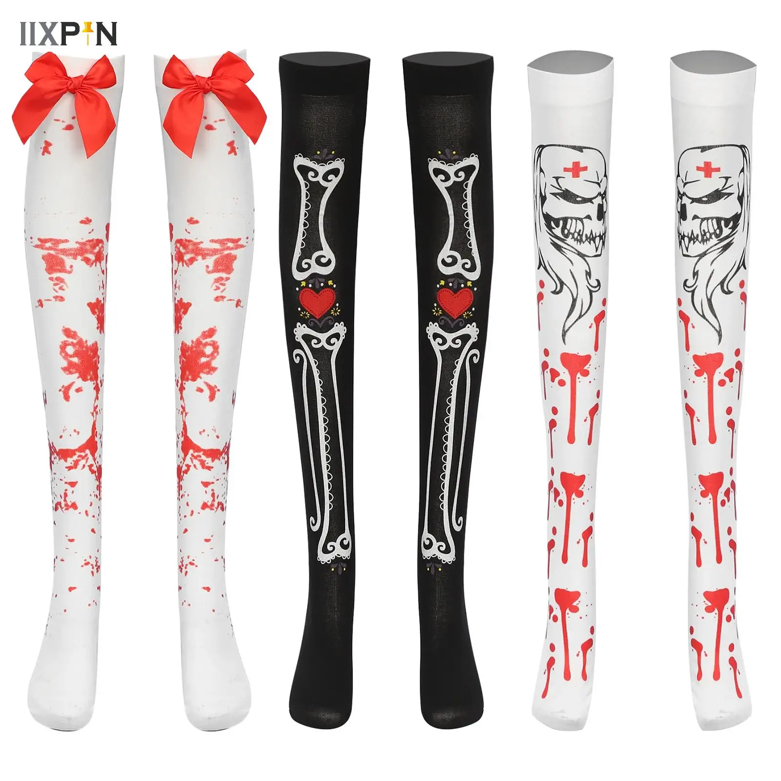 

1 Pair Women Stockings Stretchy Blood Patterned High Socks for Halloween Cosplay Costume Party Stage Performance Role Play