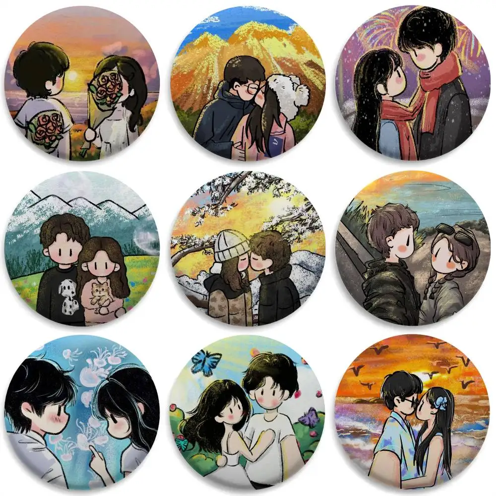 

Cartoon Cute Couple Oil Art Badges Round Exquisite Badge Brooches Creative Pins For Clothes Hat Backpack Gift Accessories