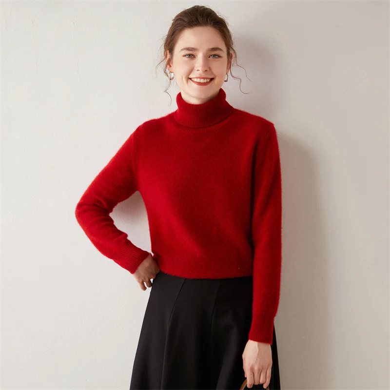 المرأة الماعز سترة الكشمير المعنقة عالية الياقة طويلة الأكمام البلوز الخريف الشتاء لينة الدافئة عادية الكشمير تريكو بلوزات سميكة #2