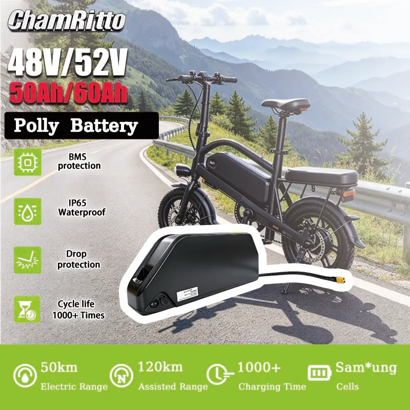 Original Polly ChamRitto Elektrofahrrad-Unterrohrbatterie 48V 52V 72V 35Ah 45Ah 50Ah 60Ah 40Ah für Bafang TongSheng 1000W 2000W 3000W Motoren, Rider 21700 50S Zellenbatterie mit 60A BMS, inklusive