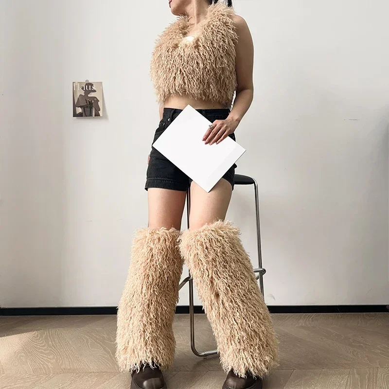 

Brown Furry Leg Warmers Y2K Girls Punk Goth Faux Fur Legwarmers Women Boot Covers Knee Length Hipster Socks Fluffies Leg Warmers