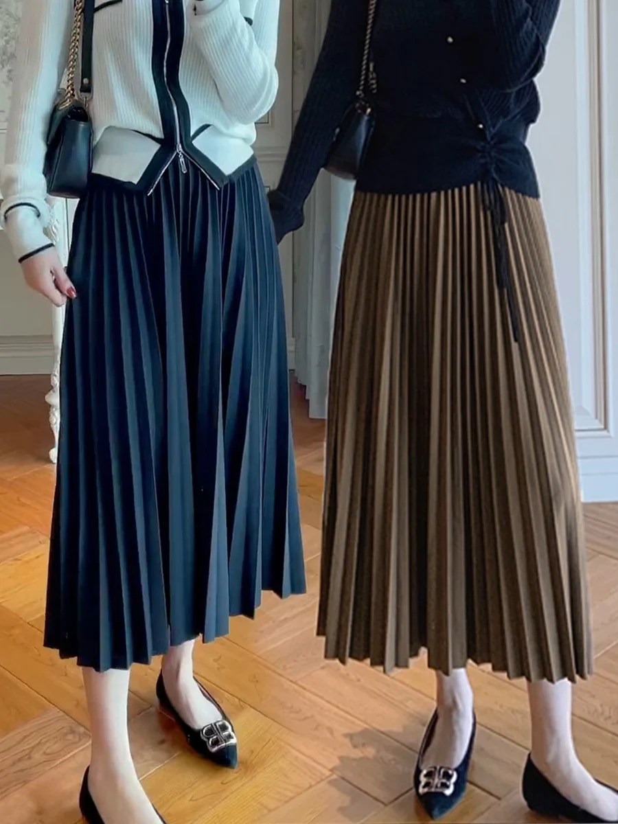 2026 Eleganter Hochtaillierter Plissierter Rock für Damen Mittellanger Midirock Hochwertiger Schwarzer Saia – Detail 5