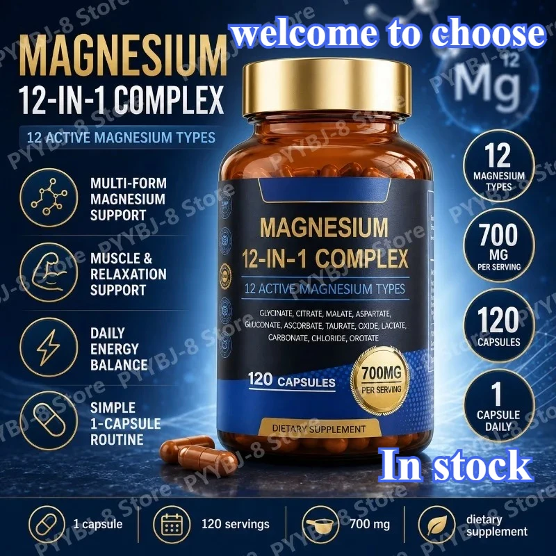 12 in 1 Magnesium Complex Capsules Support Muscle Relaxation & Heart Health 120 Count Dietary Supplement—Glycinate Aspartate Etc