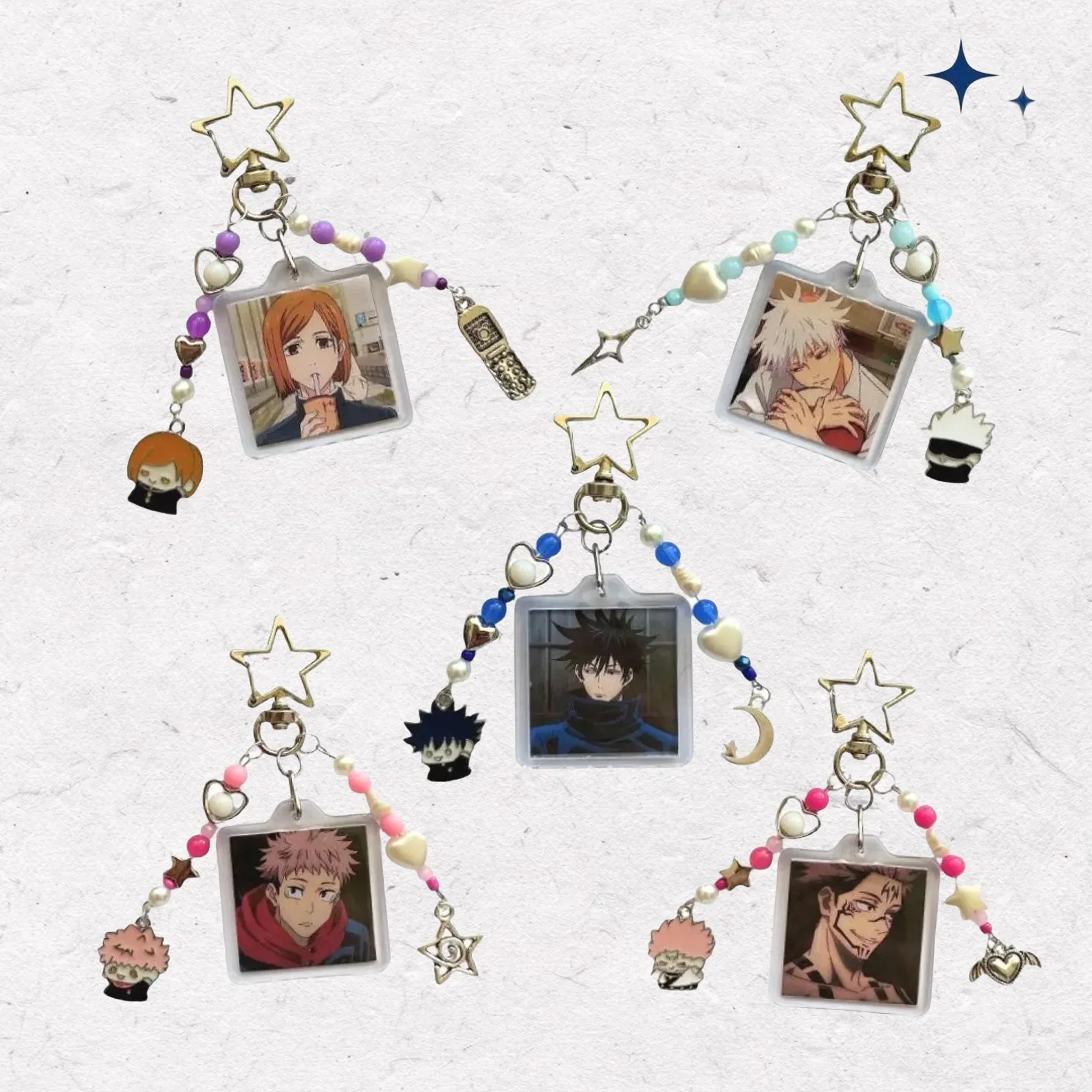 Porte-clés et breloques de sac faits main inspirés de Jujutsu Kaisen (JJK) : Yuji, Nobara, Gojo, Megumi, Sukuna, breloques de sac perlées