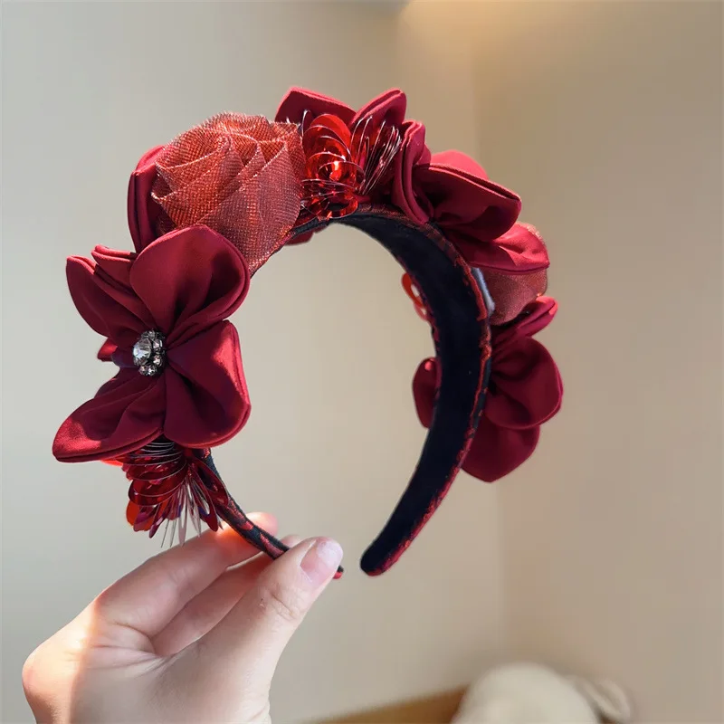 New Solid Color Simulation Garland Bridal Mesh Headband Girls Curled Flower Core Flower Headband Performance Hair Accessories