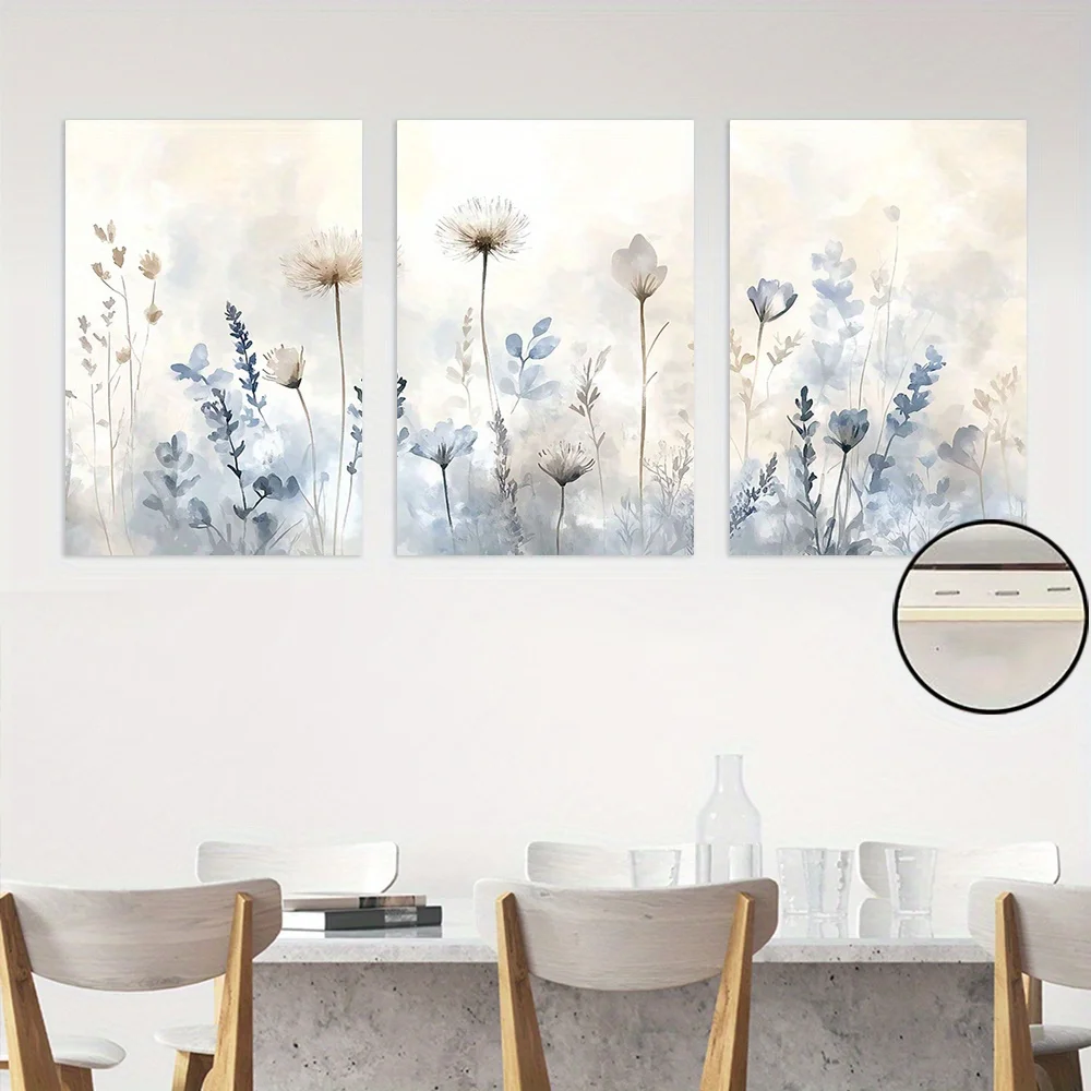 Frameless Set Of 3 Framed Floral Designs In Gentle Blue And Neutral Shades, Suitable For Bohemian And Contemporary Styles. Ea