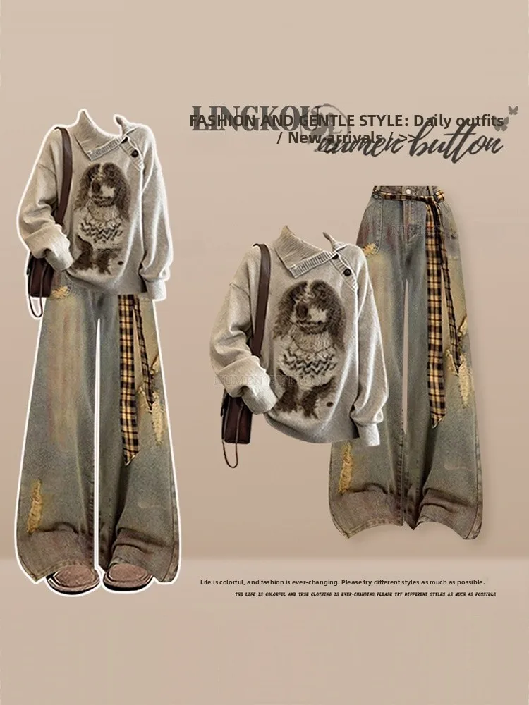 

Ladies Large Size Autumn Winter Lazy Sle Two-Piece Set Cartoon Knitted Sweater And Wide Leg Denim Jeans Retro Casual Outfit