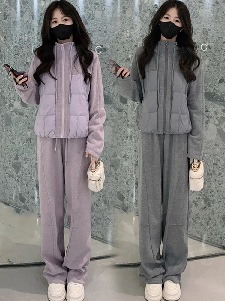 

Модный повседневный спортивный костюм для женщин: утепленная флисовая куртка с пэчворком и прямые брюки из хлопка для осени и зимы