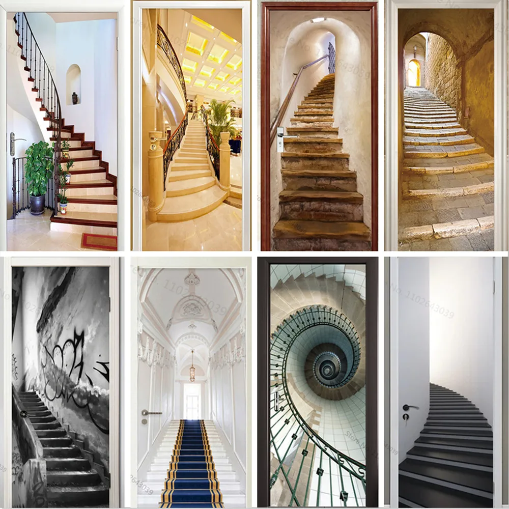 Customized Size Door Sticker Adhesive 3D Spiral Stairs Full Door Wrap Poster Landscape Door Mural Wallpaper Wall Art Decals