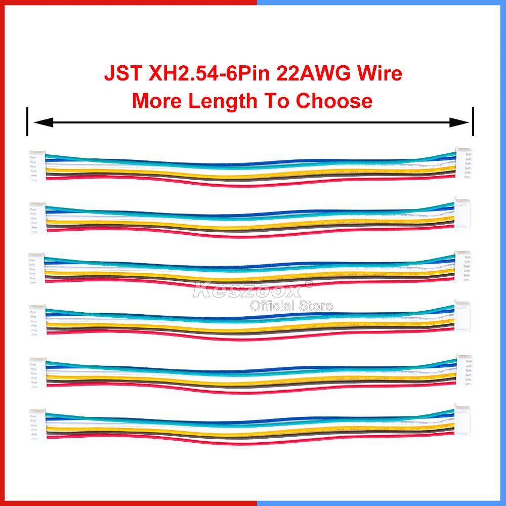 JST XH 2.54mm Pitch XHP-6 6Pin Connector Housing with 10cm to 100cm Wire Cable