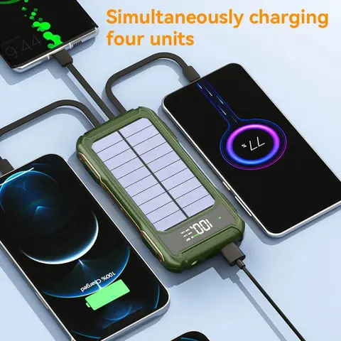 500000 mAh 대용량 태양광 보조베터리 4 in 1 케이블 내장 고속 충전 모바일 전원 배터리 LED 조명 iPhone Samsung Xiaomi
