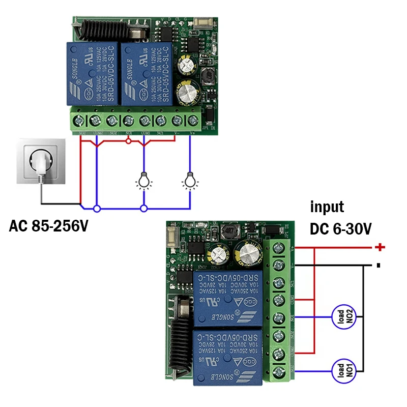 2CH RF 6-30V 85-250V Relay Remote Control Receiver Module 433MHz For Garage Door Light LED motor etc Signal transmission Control