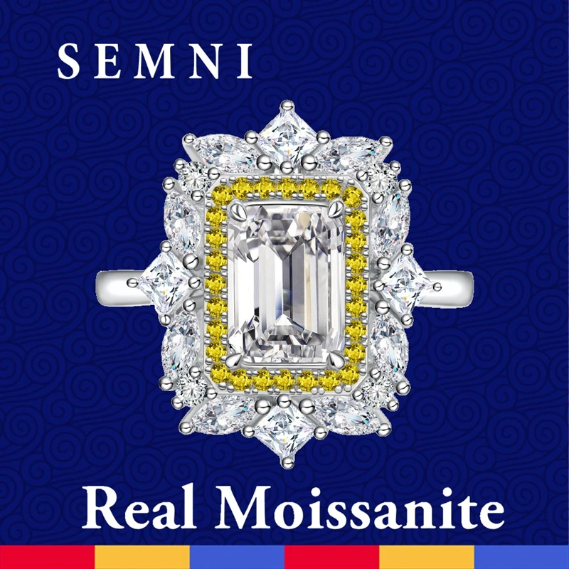 

SEMNI 2.0ct 6*8mm Emerald Cut Moissanite Diamond Ring for Women Ruby Sapphire Lovers Promise Band 925 Sterling Silver Engagement