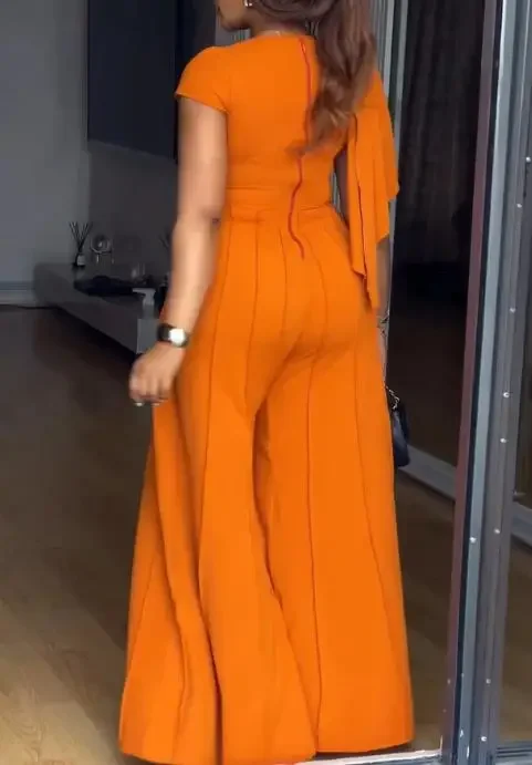

Women Long Jumpsuits Asymmetrical Neck Short Sleeve Ruched Draped Zipper Back Overalls Casual Seam Design Wide Leg Jumpsuit