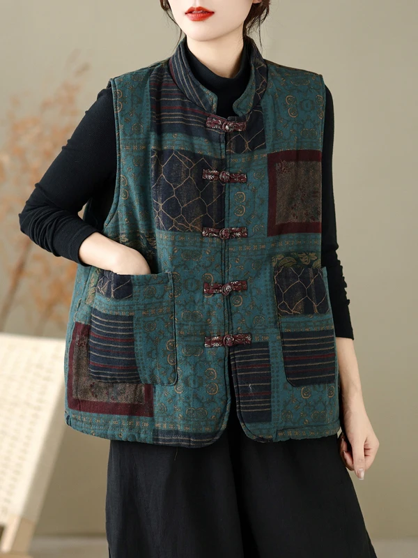 Thickened Cotton Linen Women's Vest Autumn Winter Outerwear Artistic Retro Button Warmth Sleeveless Top V-necked Loose Fit