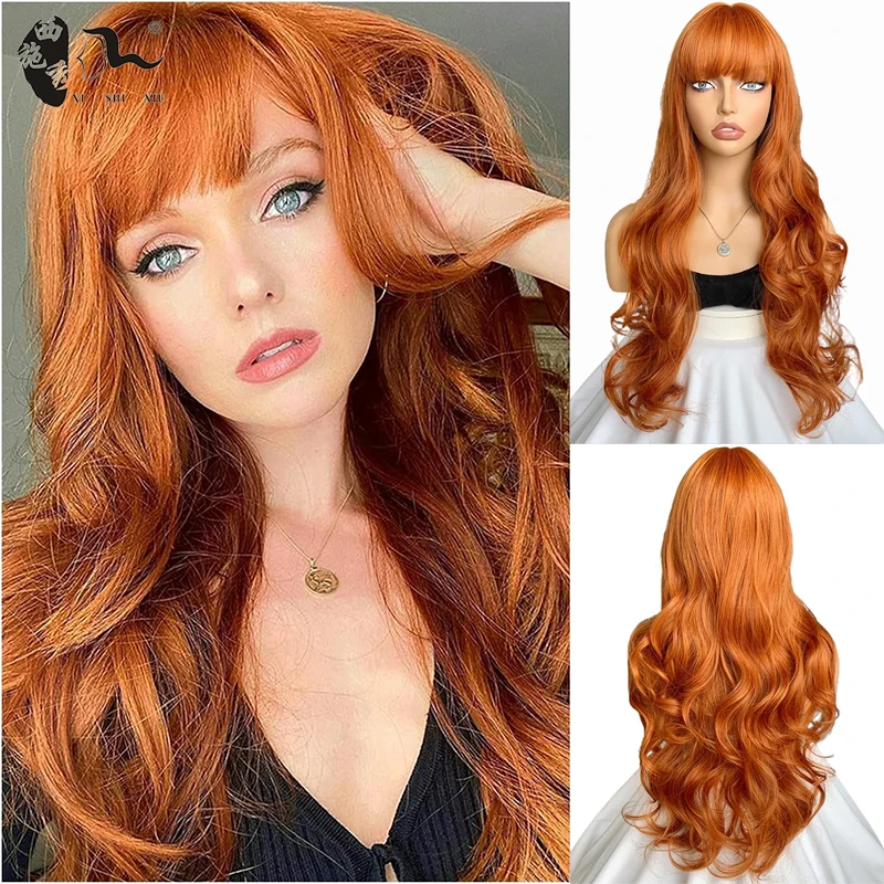 

Orange Long Wavy Synthetic Wig With Bangs For Women High Density Ginger Natural Wavy Hair Halloween Costume Lolita Daily Use Wig