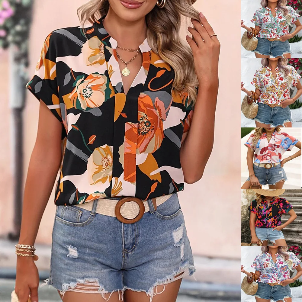 Women\'s Blouse New Fashion Painted Flower Print V-neck Short Sleeved Women Tops Lady Flower Print Pullover  Summer Shirts Femme