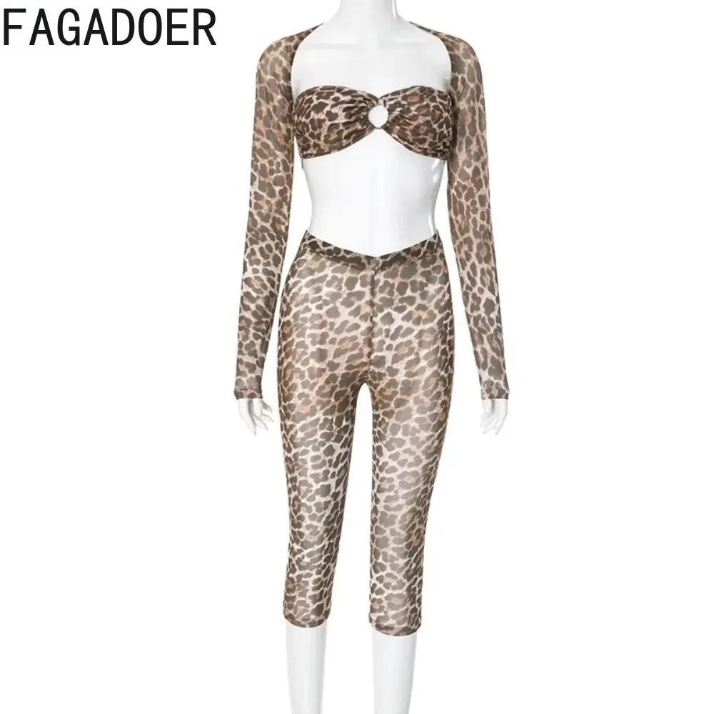 Fagadoer sexy malha ver através de leopardo impressão conjuntos de duas peças feminino topo de colheita + casaco de manga longa + shorts outfits feminino clubwear